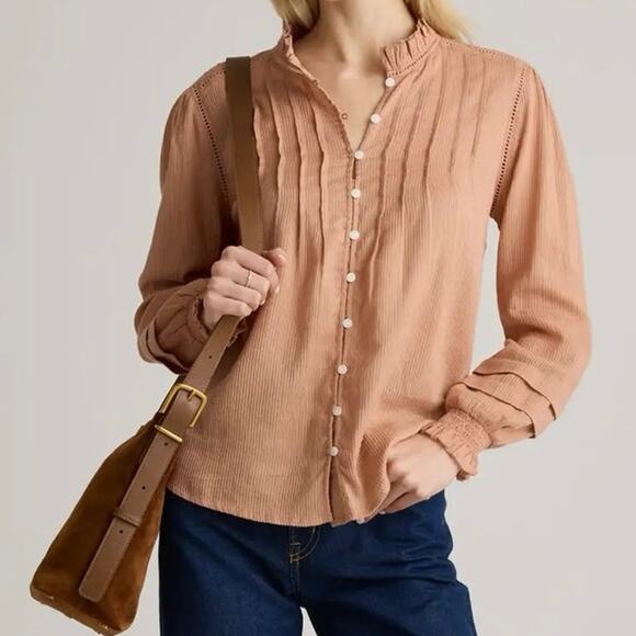 Quince Tops - QUINCE Cotton Peasant Blouse Size M Cafe au Lait Pink Nude Top Organic Prairie